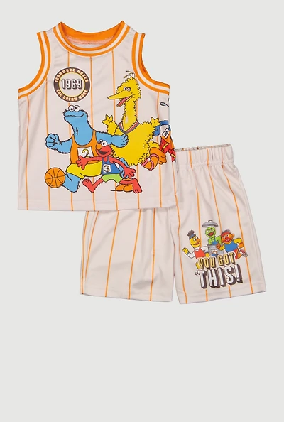 Toddler Boys Striped Team Sesame Graphic Mesh Tank Top and Shorts
