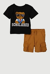 Baby Boys 12-24M Chenille Bear Scholared Tee and Cargo Shorts