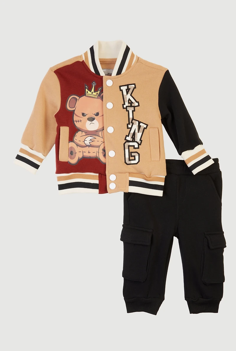 Baby Boys 0-9M King Teddy Graphic Varsity Jacket and Joggers