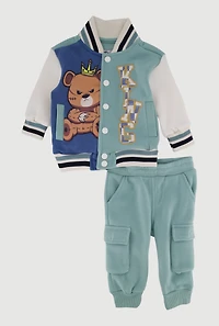 Baby Boys 0-9M King Teddy Graphic Varsity Jacket and Joggers, Blue,