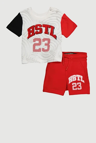 Baby Boys Chenille Graphic T Shirt and Sweatshorts, Red, Size 3-6M