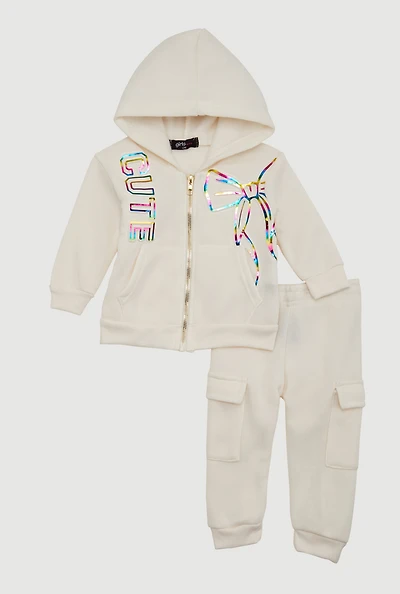 Baby Girls 12-24M Cute Foil Screen Patch Sweatshirt and Cargo Joggers, White, Size 12M