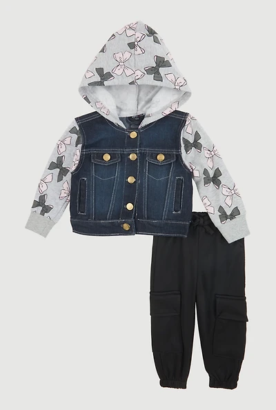 Baby Girls 12-24M Bow Print Fleece Sleeve Denim Jacket and Joggers, Black, Size 18M