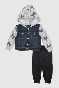 Baby Girls 12-24M Bow Print Fleece Sleeve Denim Jacket and Joggers, Black, Size 18M