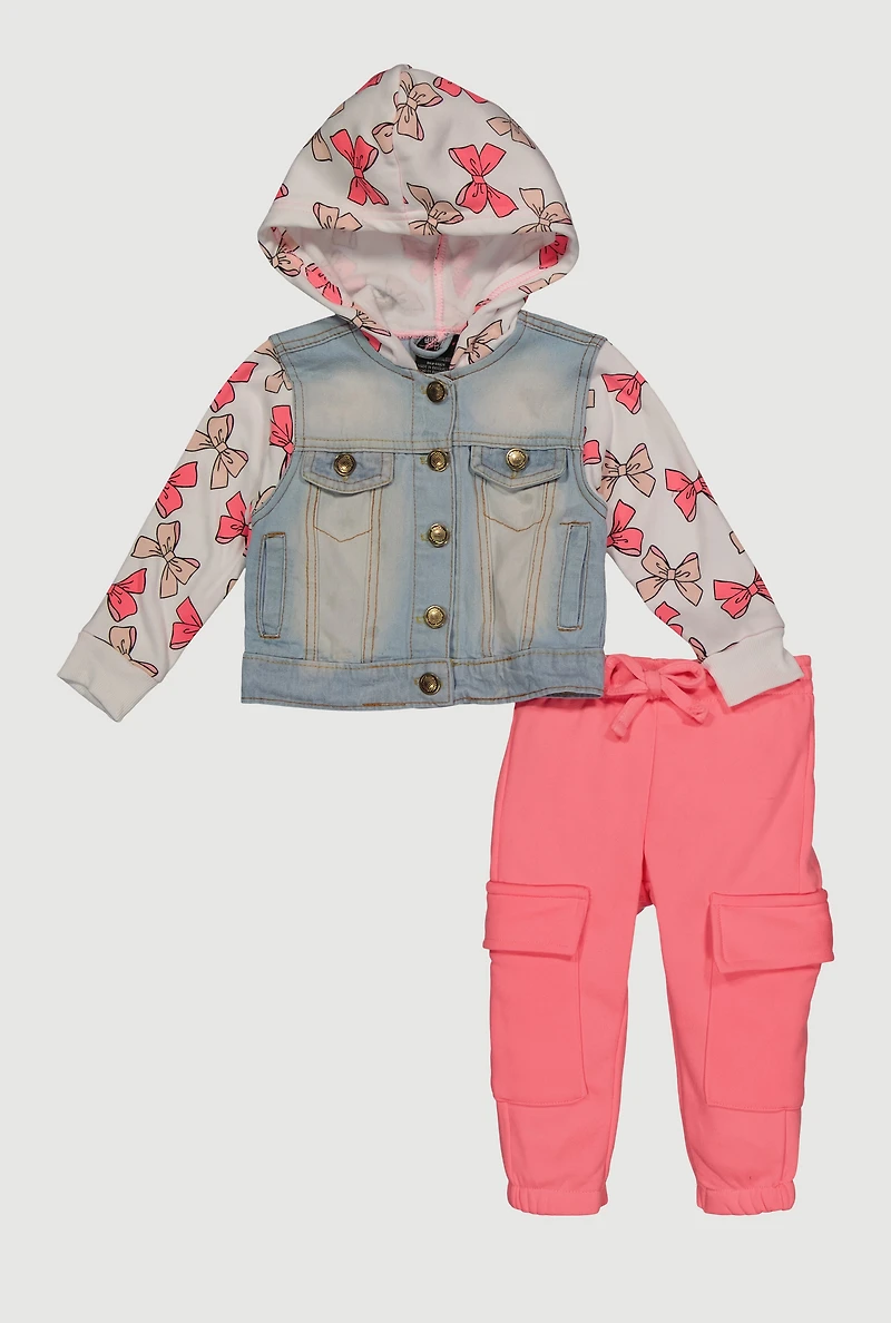 Baby Girls 12-24M Bow Print Fleece Sleeve Denim Jacket and Joggers