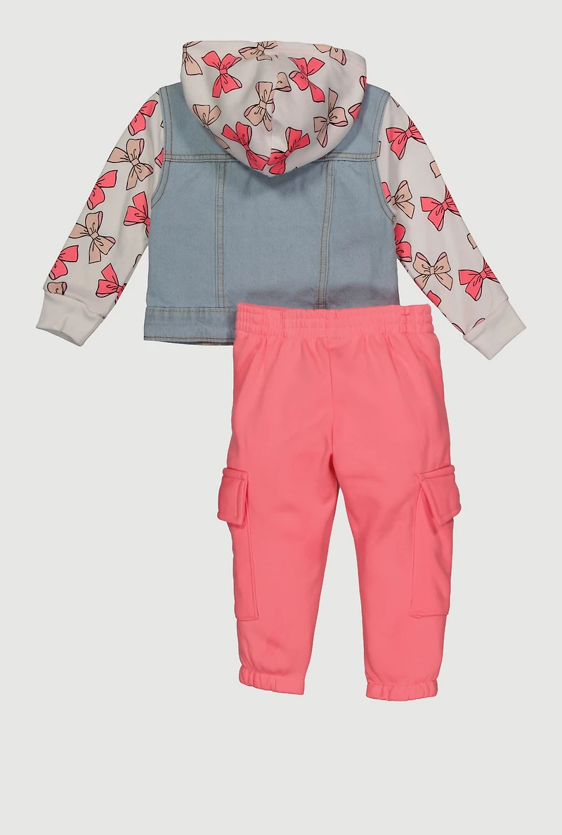 Baby Girls 12-24M Bow Print Fleece Sleeve Denim Jacket and Joggers