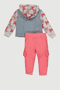 Baby Girls 12-24M Bow Print Fleece Sleeve Denim Jacket and Joggers