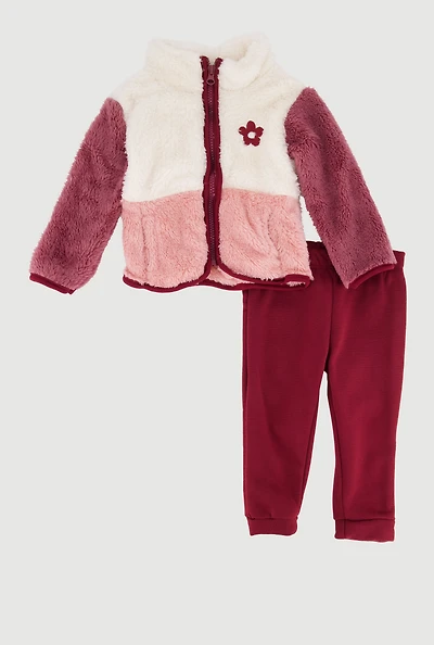 Baby Girls 12-24M Color Blocked Sherpa Jacket and Sweatpants, Burgundy, Size 18M