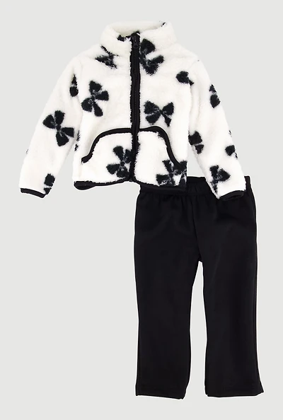 Baby Girls 12-24M Bow Print Faux Fur Jacket and Sweatpants, White, Size 12M