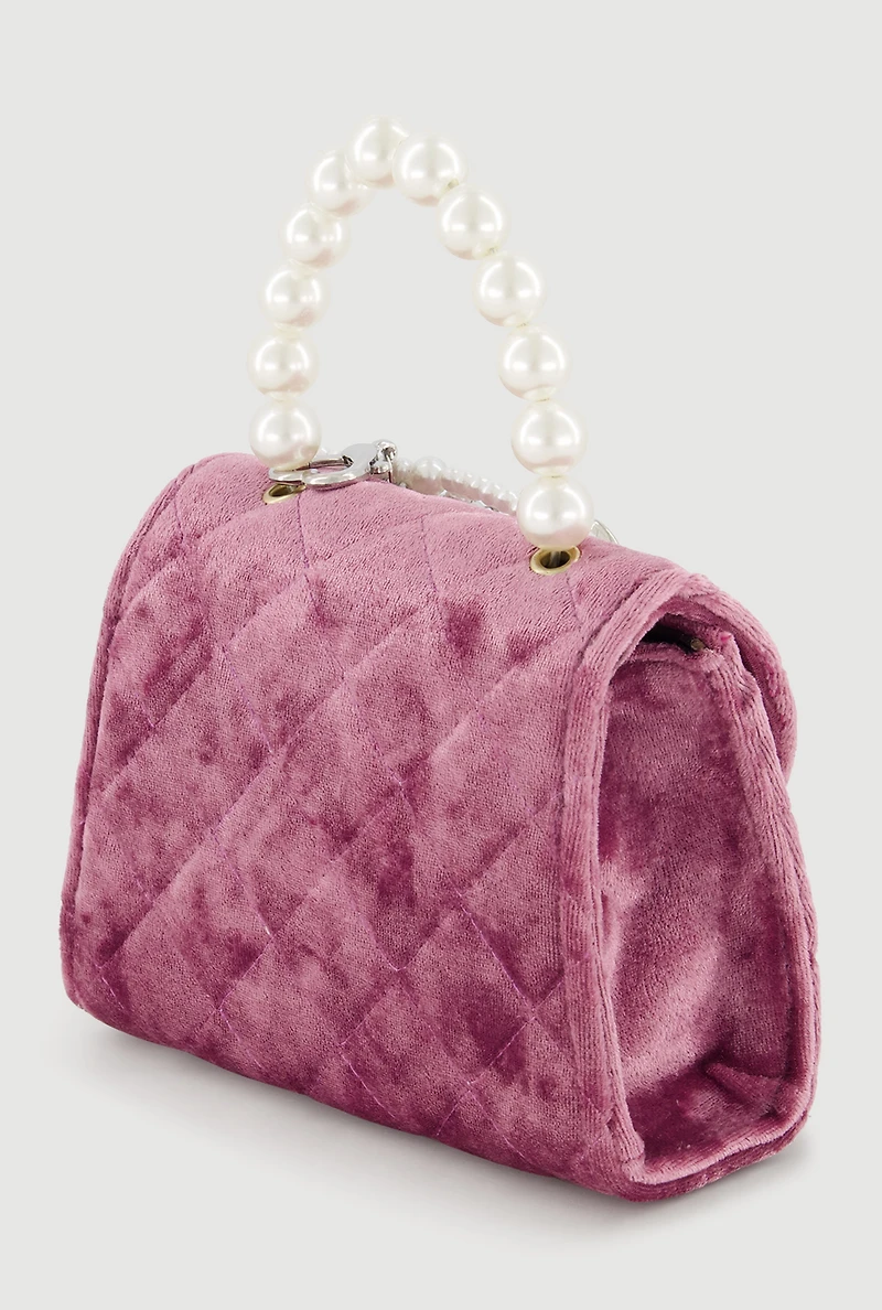 Girls Faux Pearl Handle Quilted Velour Handbag with Keychain
