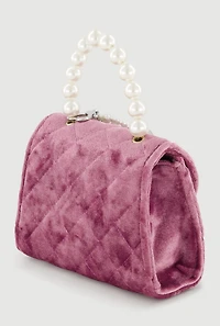 Girls Faux Pearl Handle Quilted Velour Handbag with Keychain
