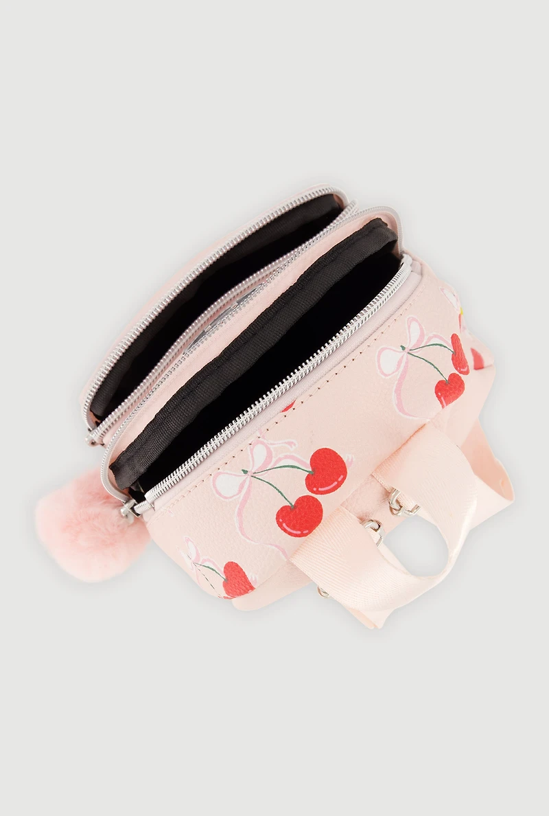 Girls Cherry Print Pom Pom Keychain Mini Backpack