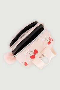 Girls Cherry Print Pom Pom Keychain Mini Backpack