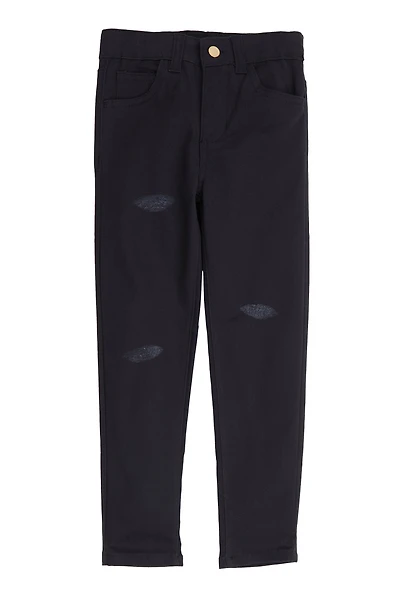 Little Girls Twill Frayed Detail Skinny Pants, Black, Size 6