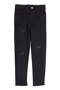 Little Girls Twill Frayed Detail Skinny Pants, Black, Size 6