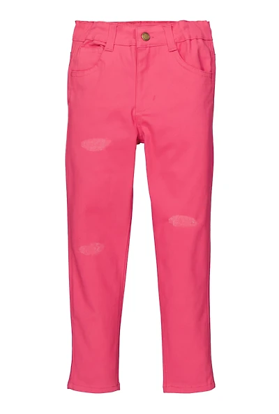 Little Girls Twill Frayed Detail Skinny Pants, Pink, Size 5