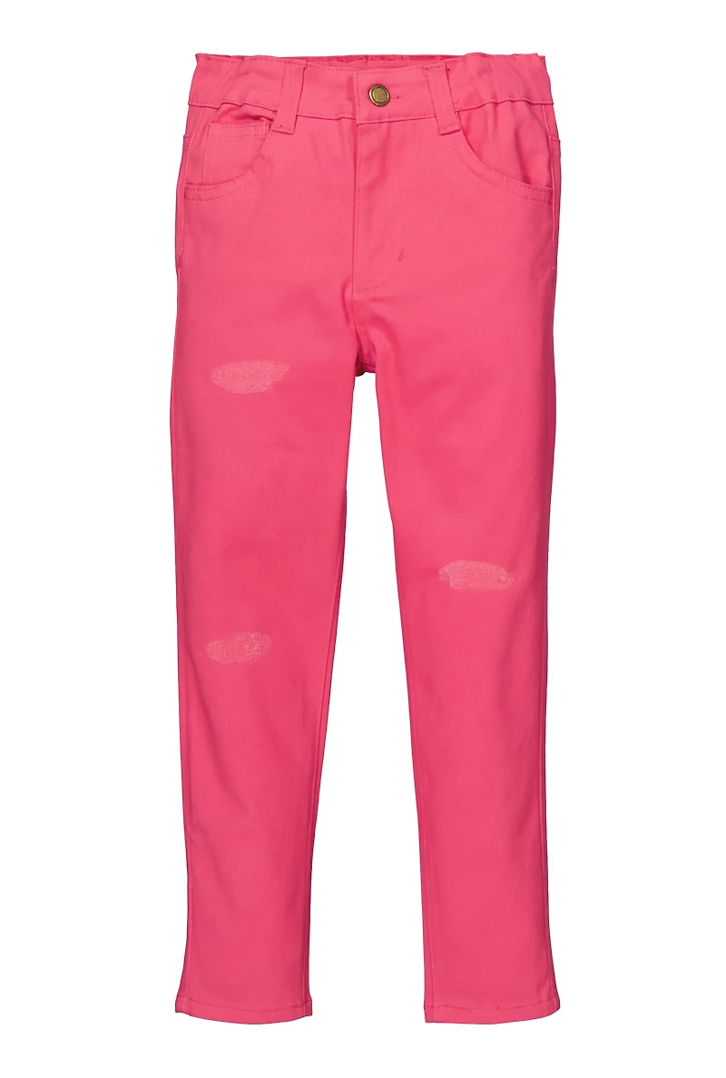 Little Girls Twill Frayed Detail Skinny Pants, Pink, Size 4