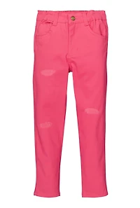 Little Girls Twill Frayed Detail Skinny Pants, Pink, Size 4