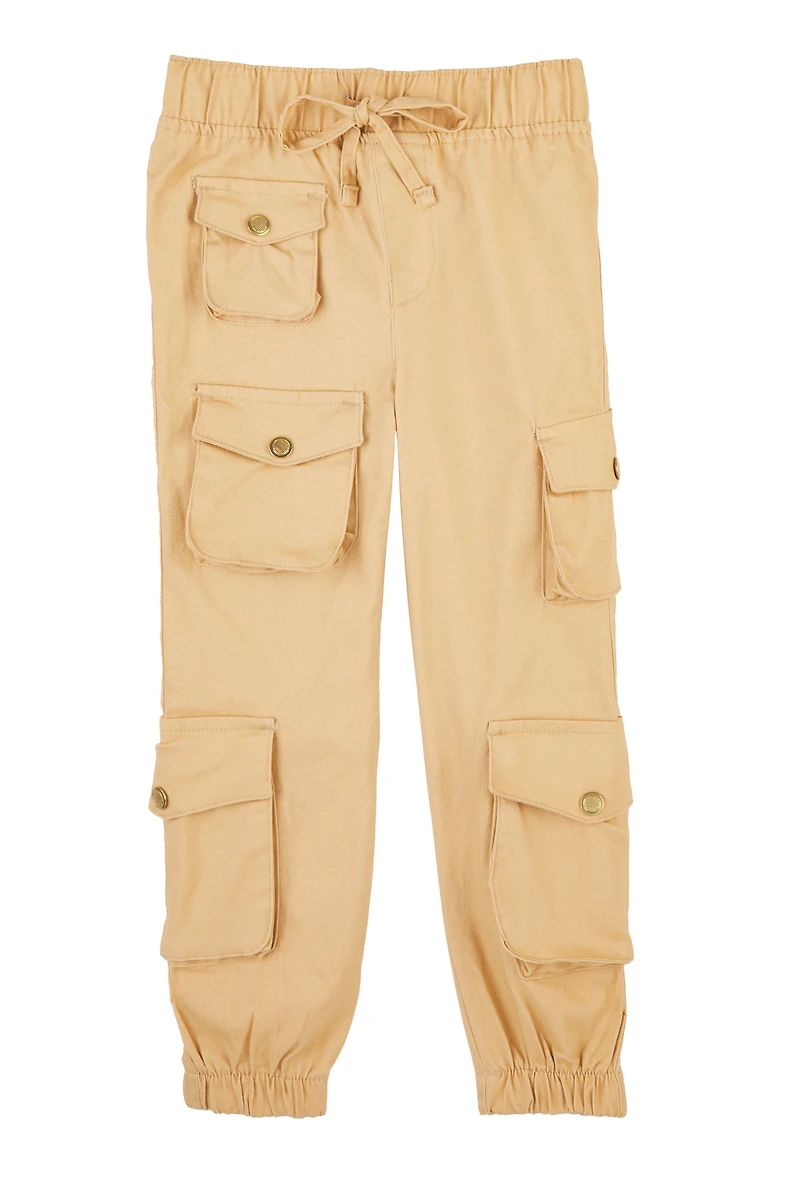 Little Girls Drawstring Cargo Joggers, Khaki,