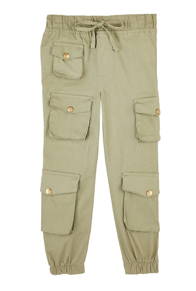 Little Girls Drawstring Cargo Joggers, Green, Size 5
