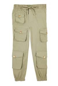 Little Girls Drawstring Cargo Joggers, Green, Size 5
