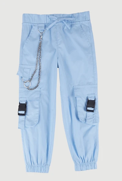 Little Girls Chain Detail Cargo Joggers, Blue, Size 6
