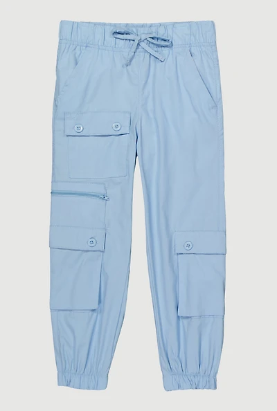 Little Girls Zip and Button Front Cargo Joggers, Blue, Size 6