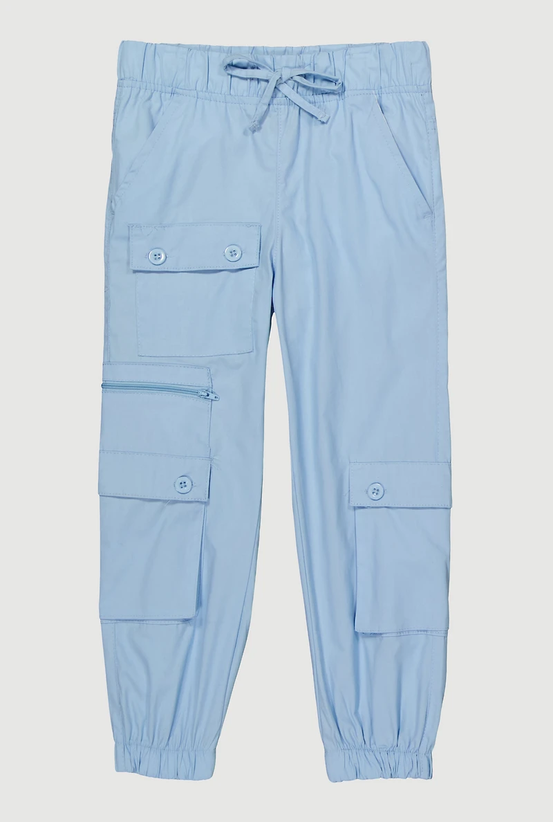 Little Girls Zip and Button Front Cargo Joggers, Blue, Size 4