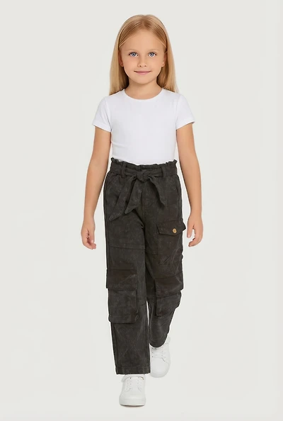 Little Girls Acid Wash Twill Cargo Pants with Tie Waist Belt, Black, Size 6