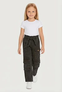 Little Girls Acid Wash Twill Cargo Pants with Tie Waist Belt