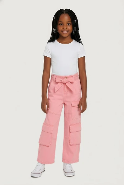 Little Girls Twill Cargo Pants with Tie Waist Belt