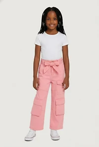 Little Girls Twill Cargo Pants with Tie Waist Belt