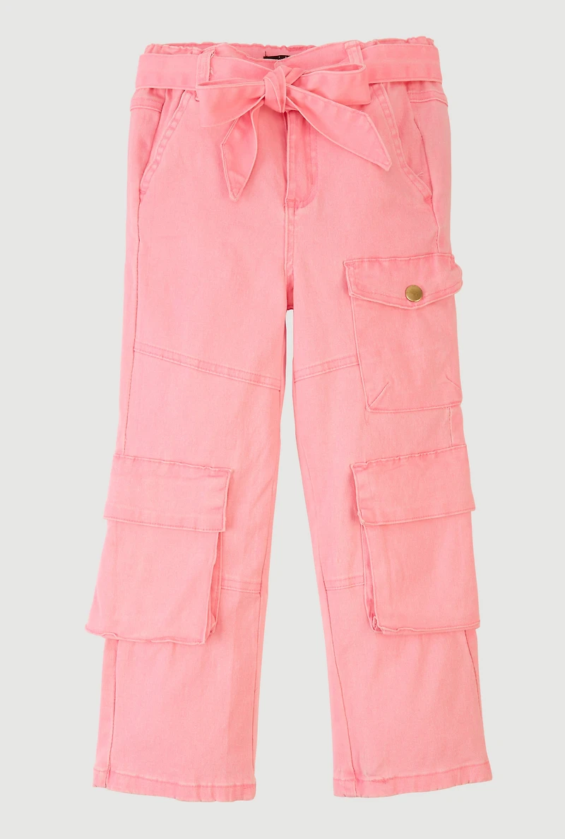 Little Girls Twill Cargo Pants with Tie Waist Belt, Pink,
