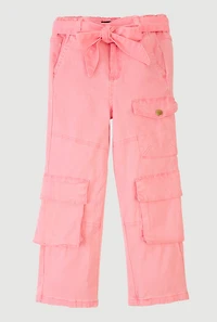 Little Girls Twill Cargo Pants with Tie Waist Belt, Pink,