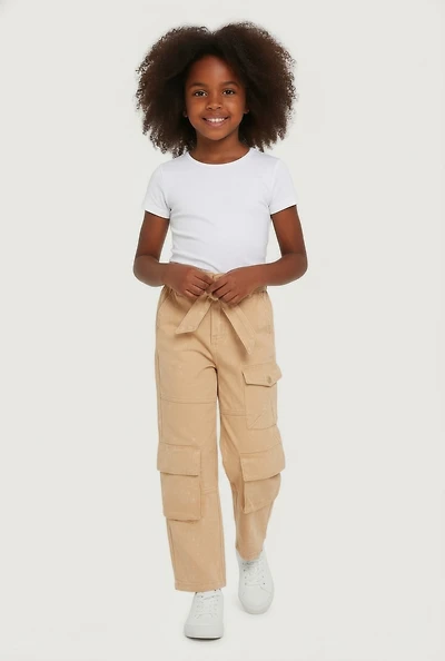 Little Girls Mineral Wash Cargo Pants with Tie Waist Belt, Khaki, Size 6X