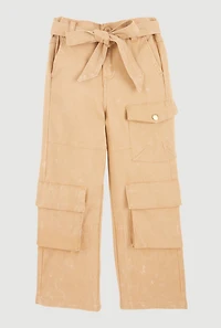 Little Girls Mineral Wash Cargo Pants with Tie Waist Belt, Khaki, Size 6X