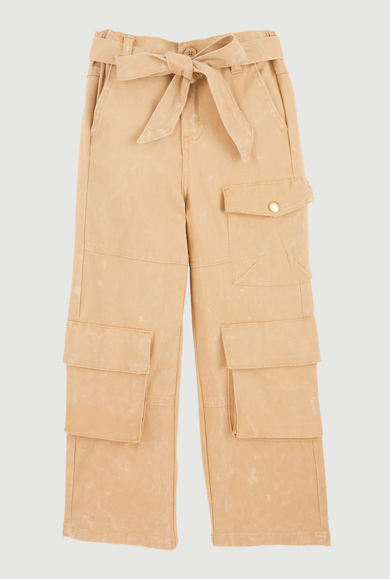 Little Girls Mineral Wash Cargo Pants with Tie Waist Belt