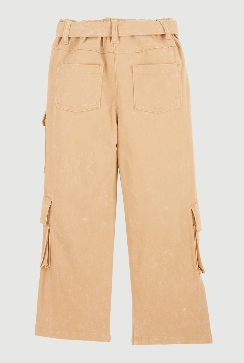 Little Girls Mineral Wash Cargo Pants with Tie Waist Belt, Khaki, Size 6X