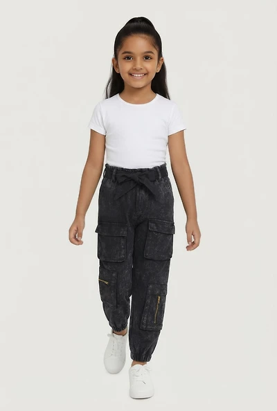 Little Girls Acid Wash Cargo Joggers with Tie Waist Belt