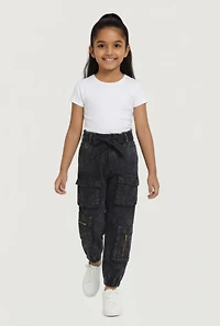 Little Girls Acid Wash Cargo Joggers with Tie Waist Belt