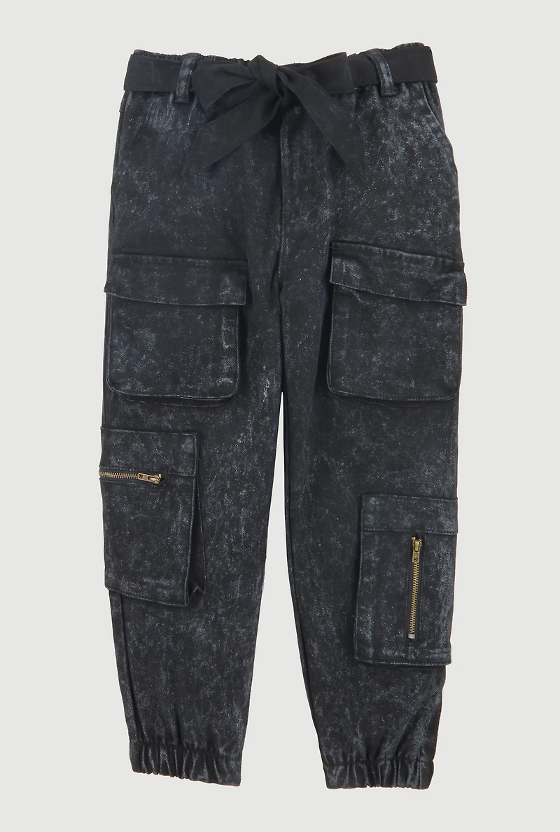 Little Girls Acid Wash Cargo Joggers with Tie Waist Belt