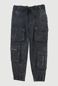 Little Girls Acid Wash Cargo Joggers with Tie Waist Belt
