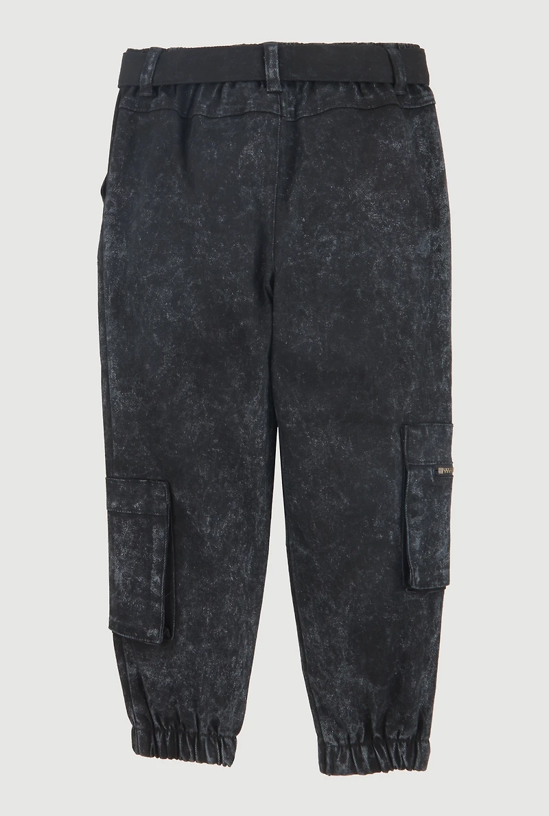 Little Girls Acid Wash Cargo Joggers with Tie Waist Belt