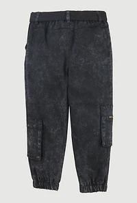 Little Girls Acid Wash Cargo Joggers with Tie Waist Belt
