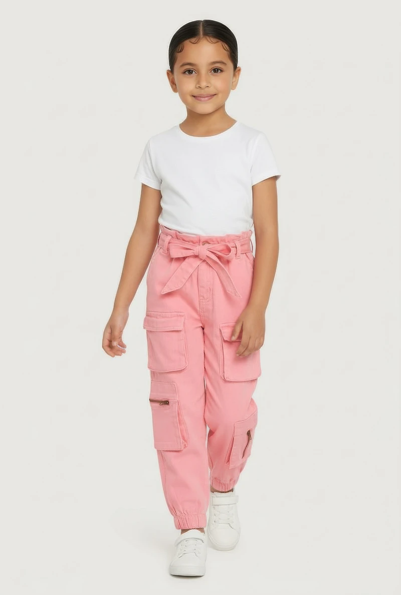 Little Girls Twill Utility Joggers with Tie Waist Belt, Pink, Size 6X