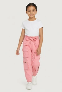 Little Girls Twill Utility Joggers with Tie Waist Belt