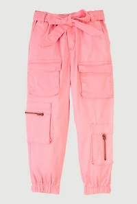 Little Girls Twill Utility Joggers with Tie Waist Belt, Pink, Size 6