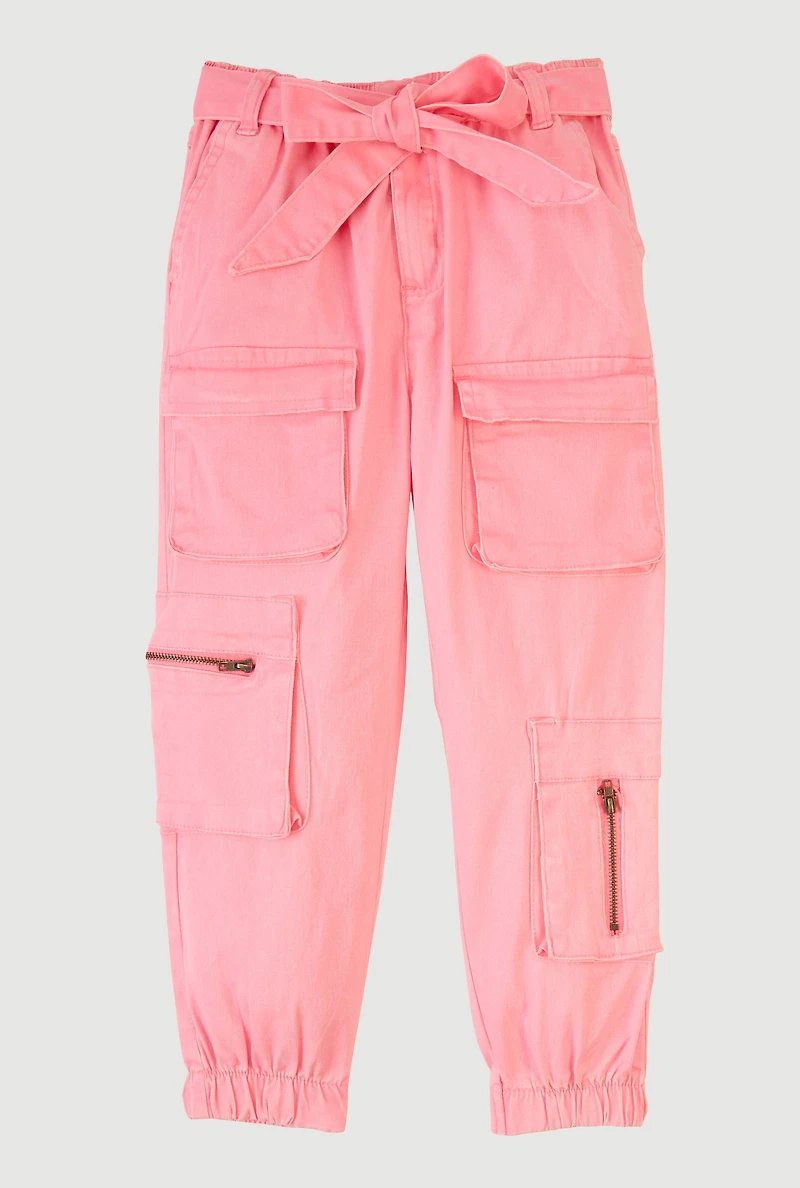 Little Girls Twill Utility Joggers with Tie Waist Belt, Pink, Size 6X