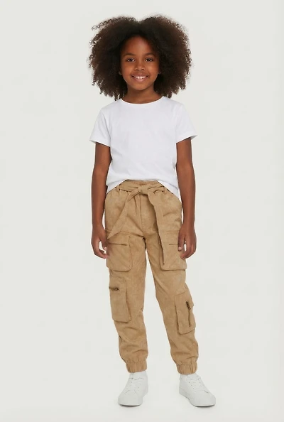 Little Girls Mineral Wash Cargo Joggers with Tie Waist Belt