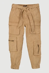 Little Girls Mineral Wash Cargo Joggers with Tie Waist Belt, Khaki, Size 6X